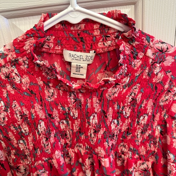 Red floral Rachel Zoe blouse.  Has smocked look at top. - Picture 2 of 6
